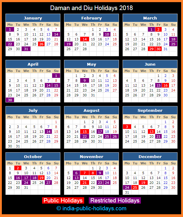 Daman and Diu Holiday Calendar 2018